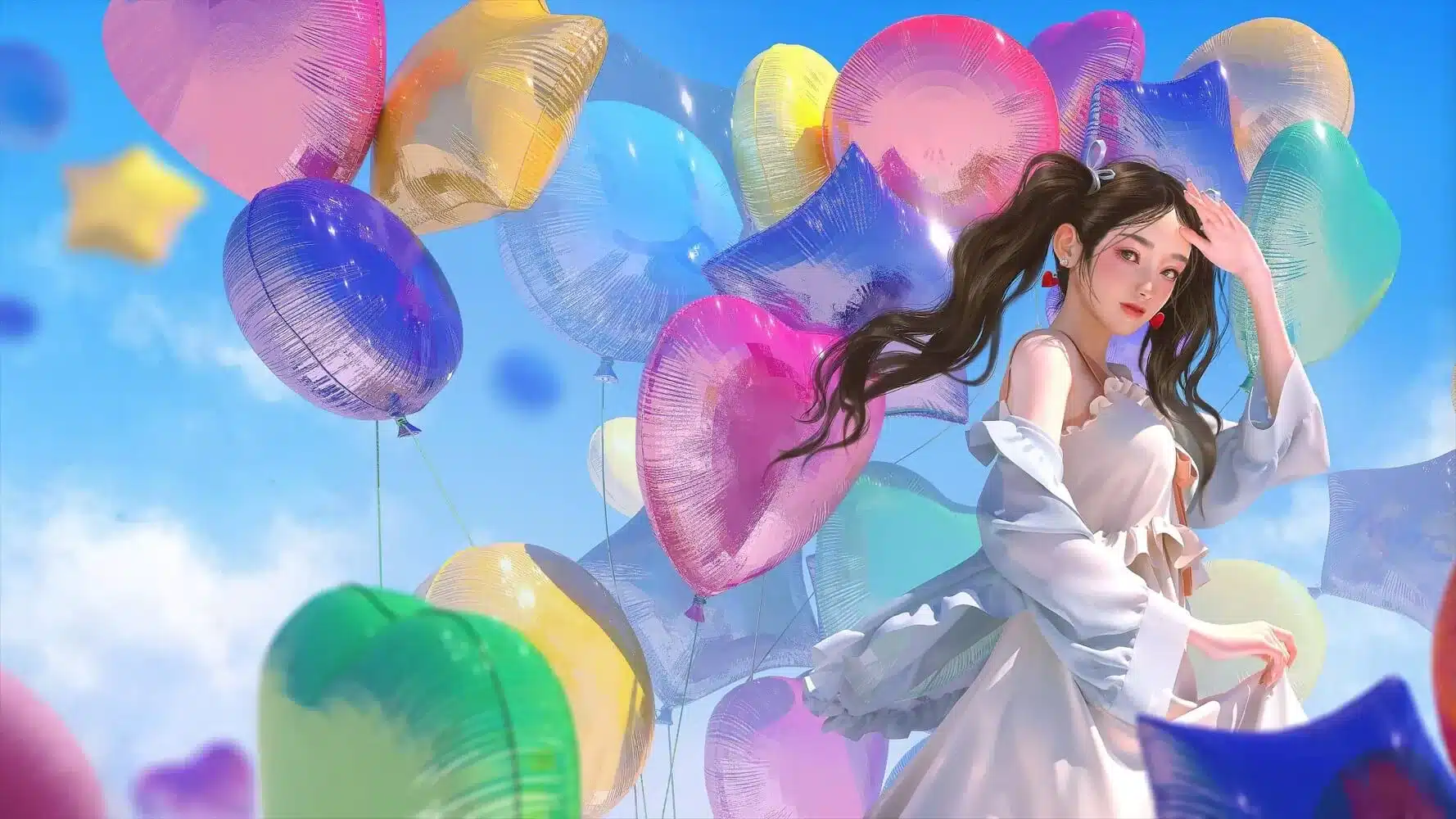 蓝天白云 七彩气球 双马尾女孩 连衣白裙 3D 4K高清动漫壁纸 4K手机壁纸