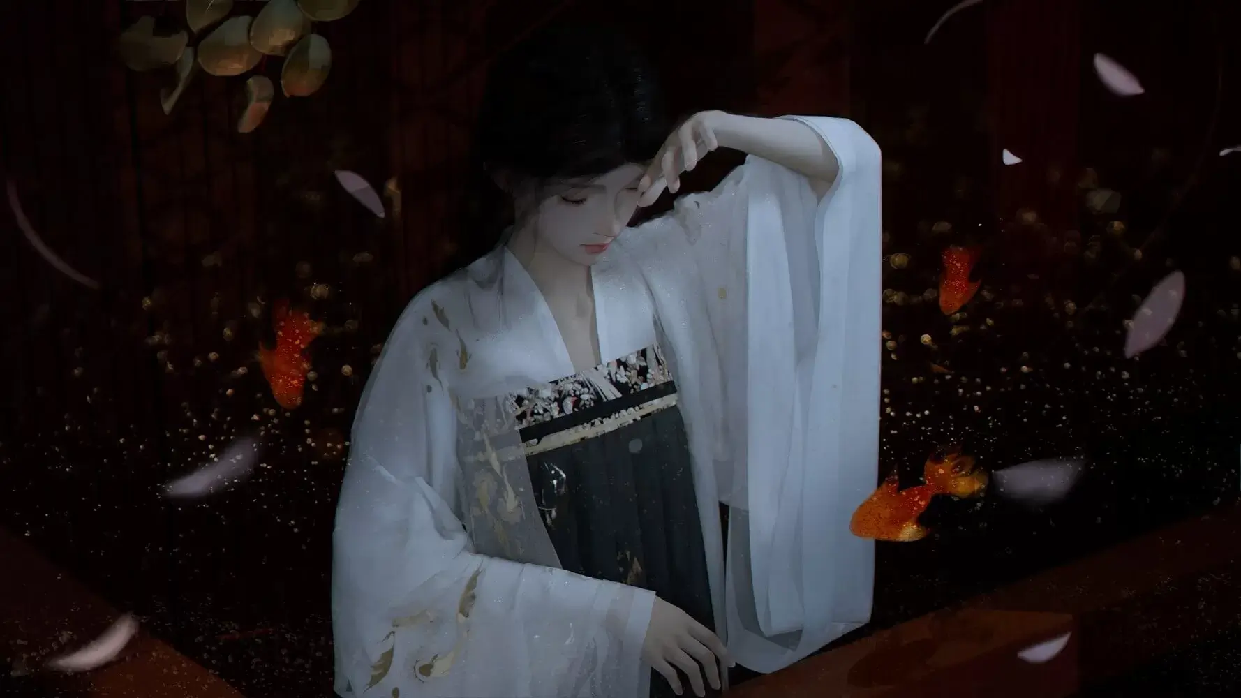 游鱼 女孩 古风白裙 3D 4K高清动漫壁纸 4K手机壁纸