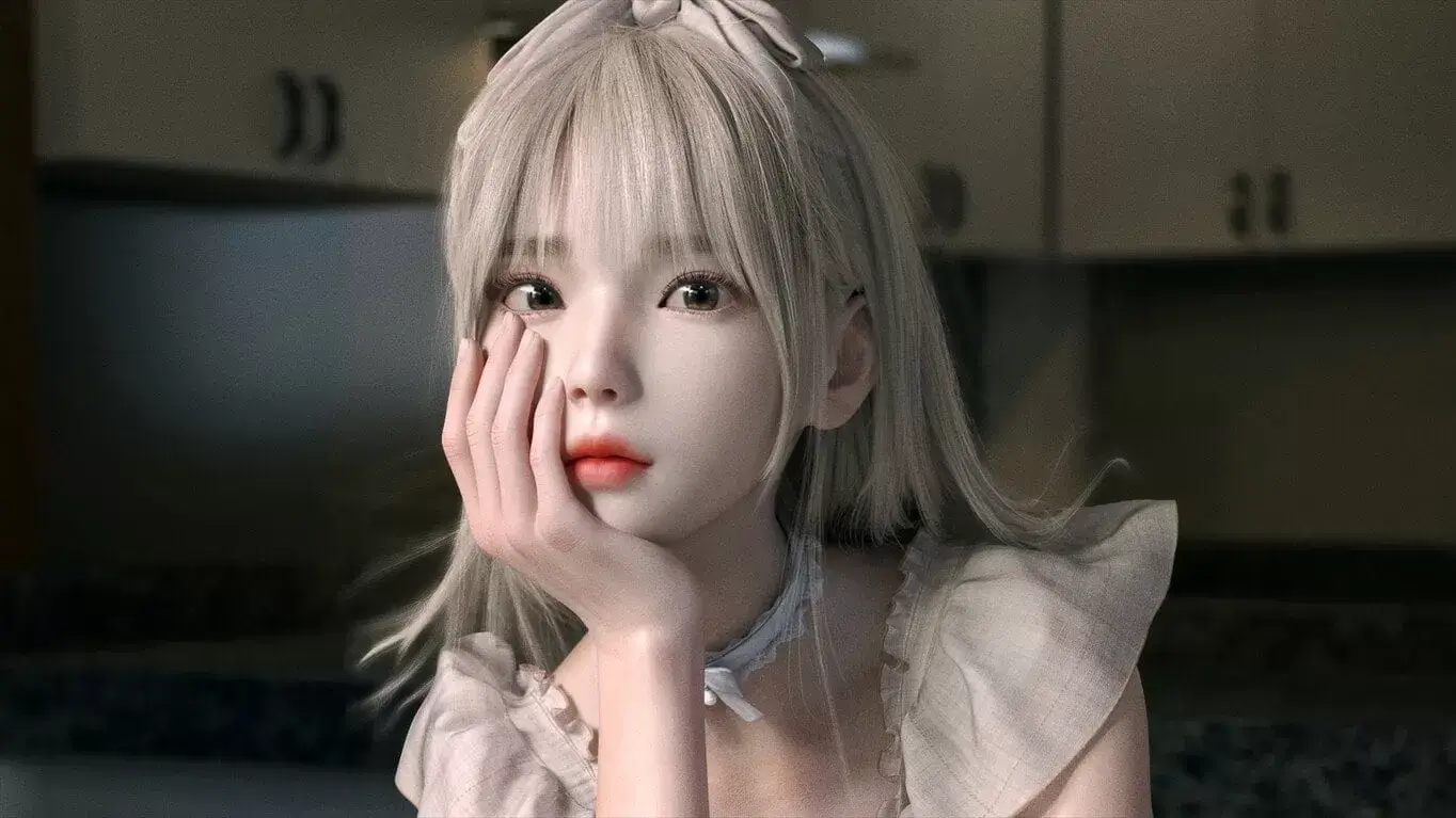 女孩 蝴蝶结白裙 餐桌 厨房 3D 4K高清壁纸